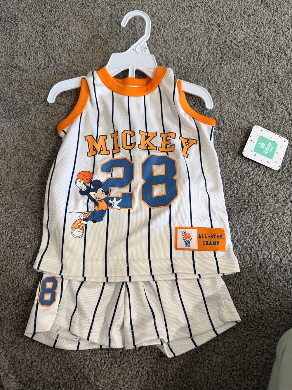 Disney White Pinstripe Mickey Basketball Tank & Shorts Set with Orange Trim